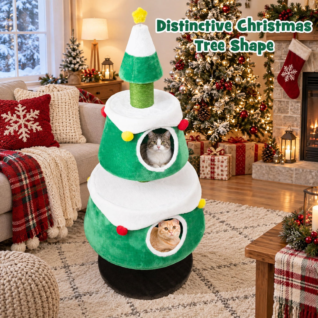 Airfind Christmas Cat Tree for Indoor Cats Cute Holiday Cat Tower with 2 Condos, 33 lbs Capacity, Green
