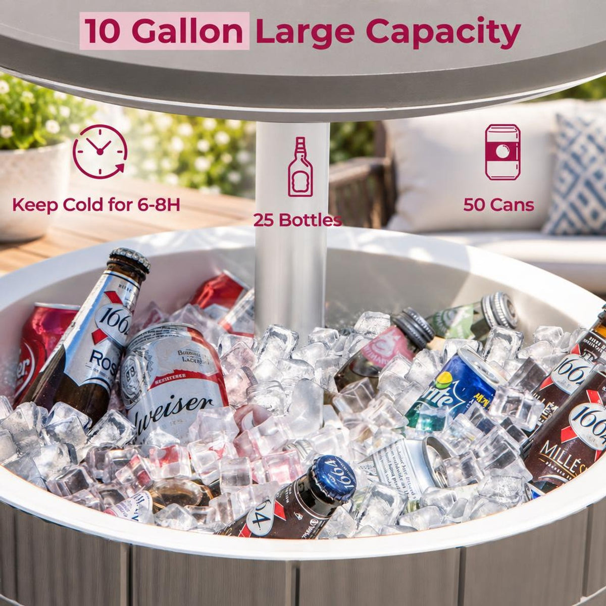 Airfind 10 Gallon Cooler Bar Table Outdoor Coffee Table Ice Bucket with Telescopic Tabletop for Beer and Wine, 110 lbs Bucket Capacity, Brown