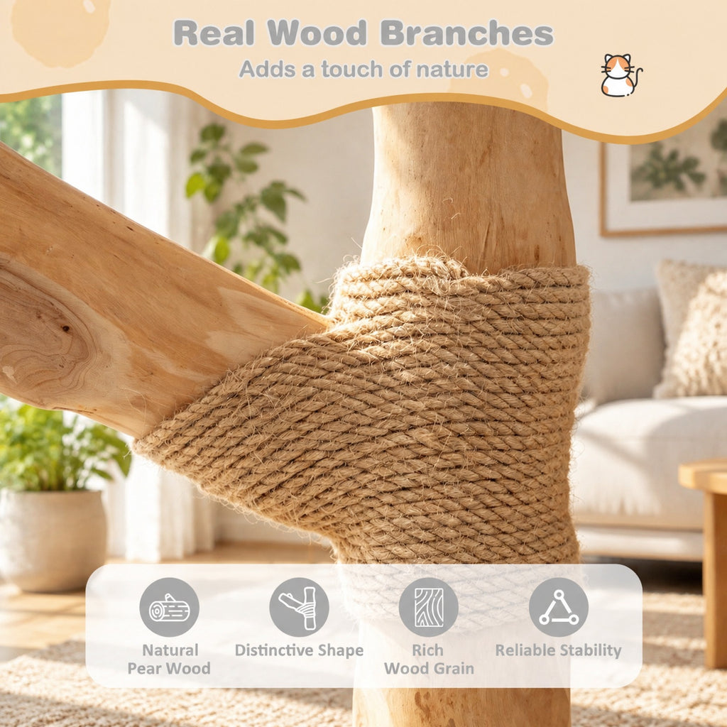Airfind 41 Inch Tall Modern Cat Tower with Real Wood Branches Scratching Posts for Indoor, Gray, a distinctive shape and rich wood grain