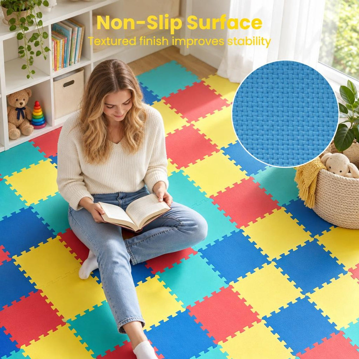 Airfind 18 Pack Interlocking EVA Foam Floor Tiles with Boarders, EVA Foam Frame, 72 Inch x 37 Inch x 0.4 Inch Footprint, Multicolor
