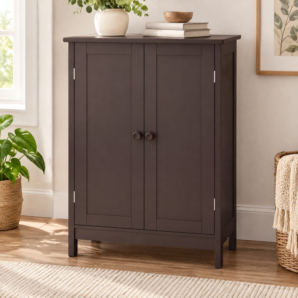 Airfind Bathroom Floor Storage Double Door Cupboard Cabinet, 22 lbs Capacity, MDF Frame, 24in x 14in x 34.5in Footprint, Brown