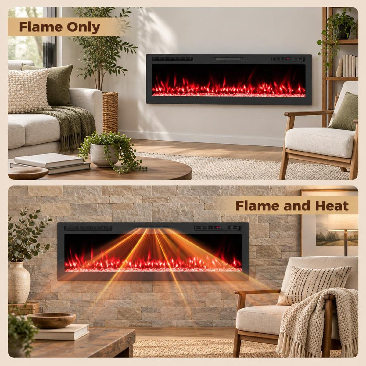 Airfind Smart WiFi Electric Fireplace Wall Mounted and Recessed 750W/1500W Heater-60 Inch, Black, Power Cord 5 ft Net Weight-36in 29.5 lbs