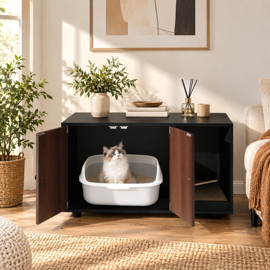Airfind Wooden Cat Litter Box Enclosure Hidden Litter Box Furniture with Scratching Board, Engineered Board MDF Frame, White