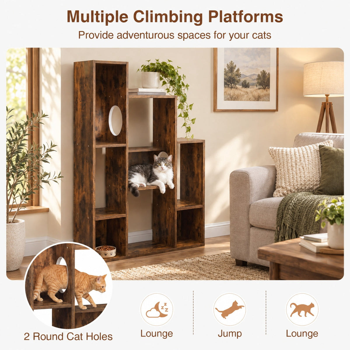 Airfind Modern Cat Bookshelf Cat Tree 8-Section Storage Cabinet with 2 Round Holes, 22 lbs Capacity, Engineered Wood Frame, Brown