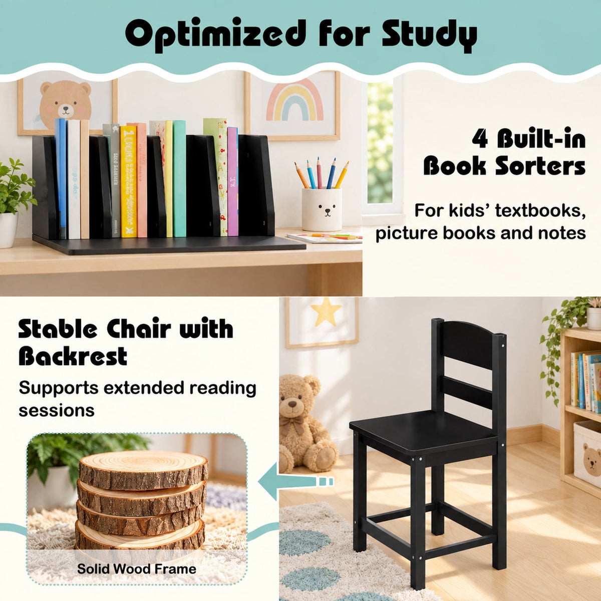 Airfind Wooden Kids Study Desk and Chair Set Student Workstation, 110 lbs Capacity, MDF Solid Wood Frame, for 3+, 35.5 x 18 x 32 Footprint, Black