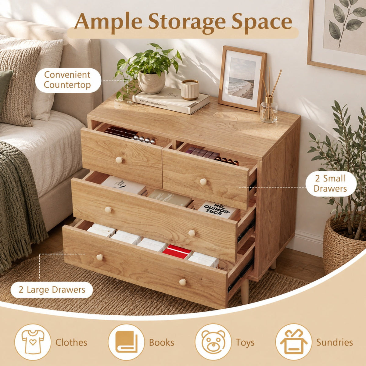 Airfind Wide Wooden Dresser with 4 Drawers for Bedroom Living Room, 110 Lbs Capacity, Engineered Wood Mdf, 31.5 Inch X 15.5 Inch X 30 Inch, Natural