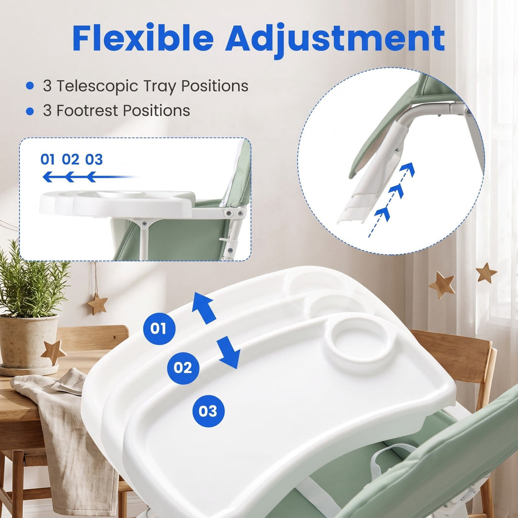 Airfind Easy Clean Compact Highchair with Removable Adjustable Tray and PU Seat Cushion, 33 lbs Capacity, PP Frame, for 6 months-3 years old, Green