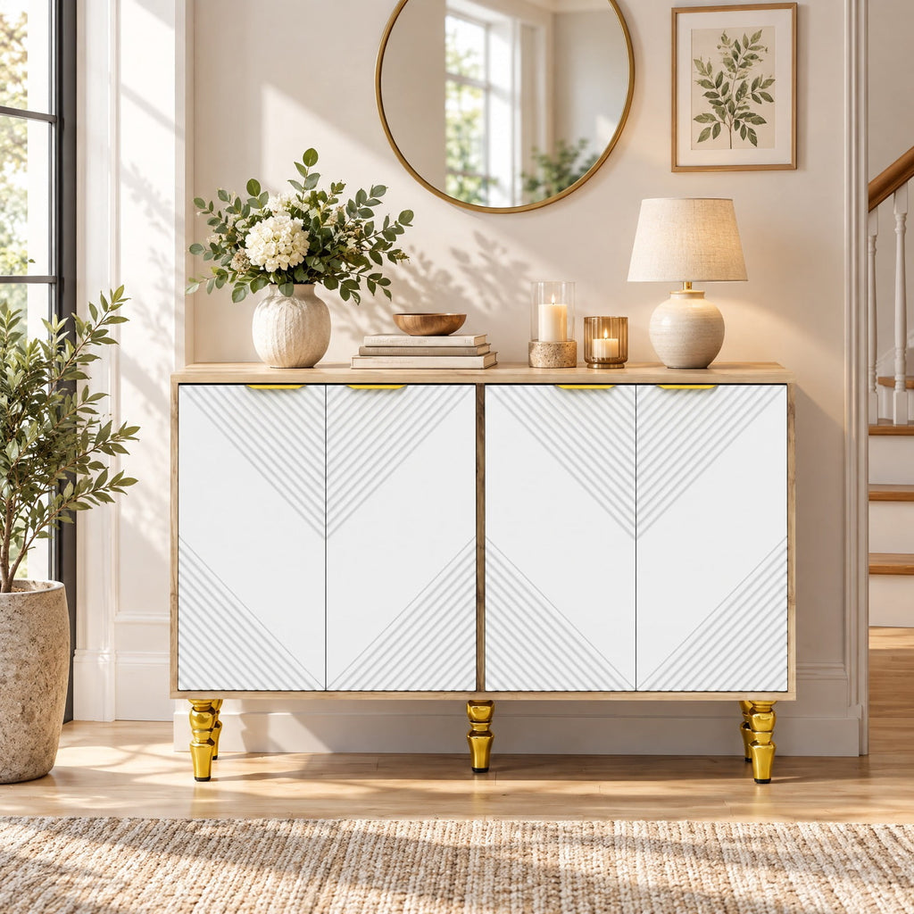 Airfind 47 Sideboard Buffet Cabinet with 4 Chevron Fluted Doors Anti-Toppling Devices for Kitchen, Natural
