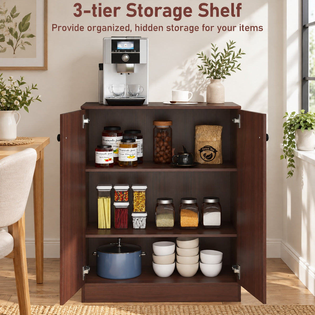 Airfind 2-Door Modern Floor Storage Cabinet with 3-Tier Shelf, 110 lbs Capacity, Engineered Wood MDF Frame, 27.5in x 13.5in x 33.5in Footprint, Brown