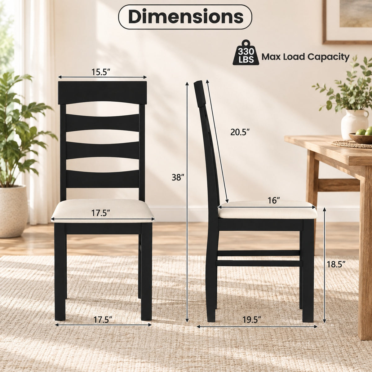 Airfind High Back Dining Room Chairs Set of 2 with Padded Seat, Capacity 330 lbs Capacity, Rubber Wood Faux Linen Fabric Sponge MDF Frame, Black