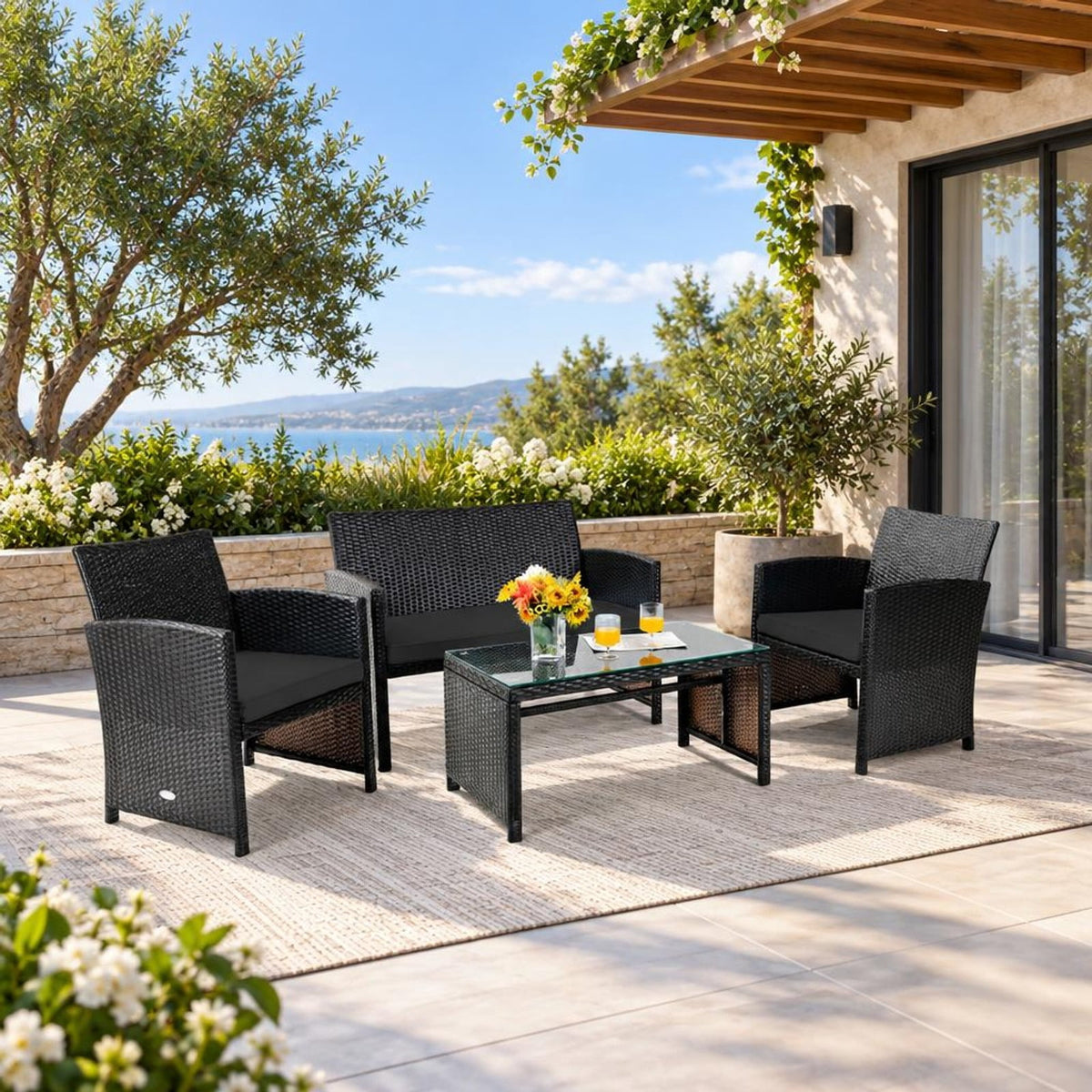 Airfind 4 Pieces Patio Rattan Cushioned Furniture Set with Coffee Table, Rattan Frame, 43.5 x 25 x 31 Footprint, Black