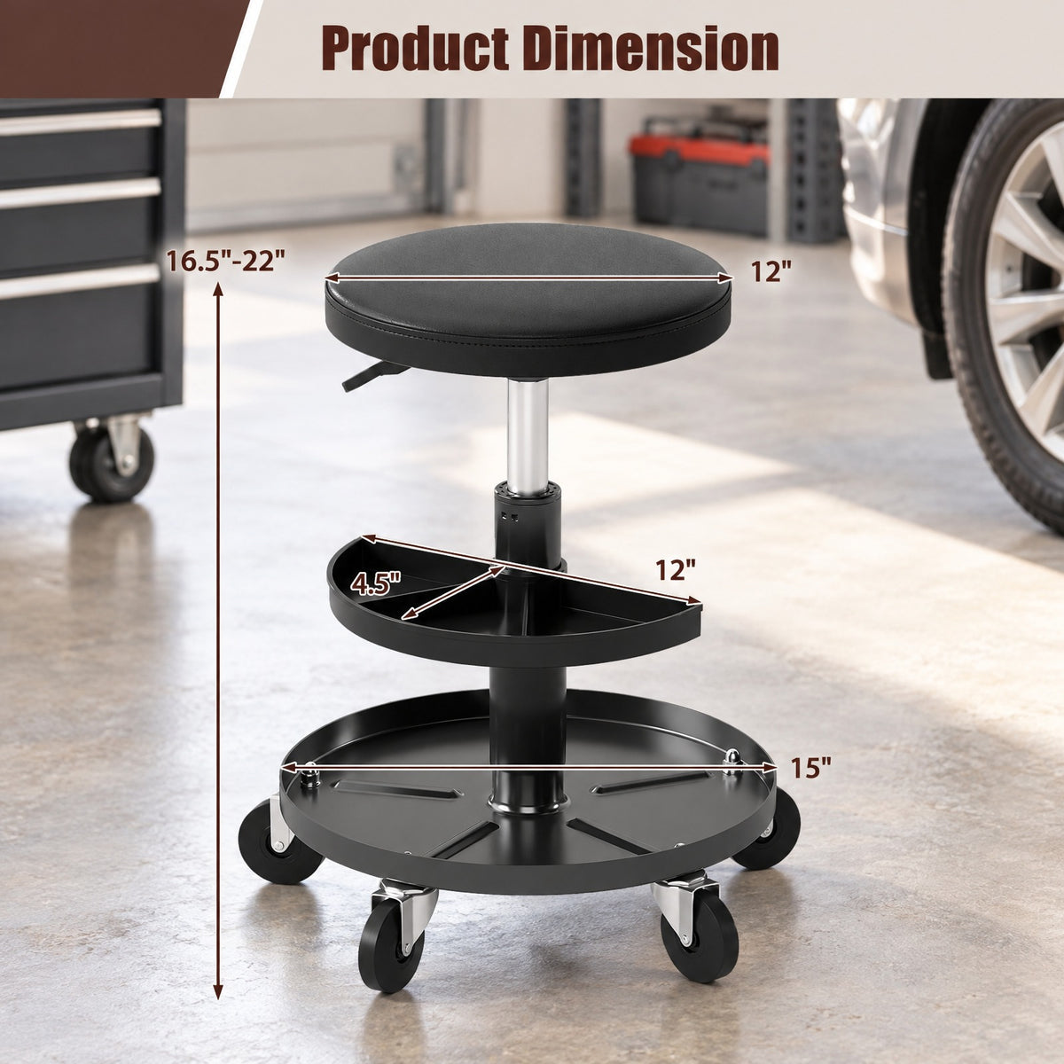 Airfind 16.5-22 Adjustable Height Seat Rolling Mechanic Stool with Wheels, 265 lbs Capacity, PU Leather Frame, 15 x 15 x 16.5-22 Footprint