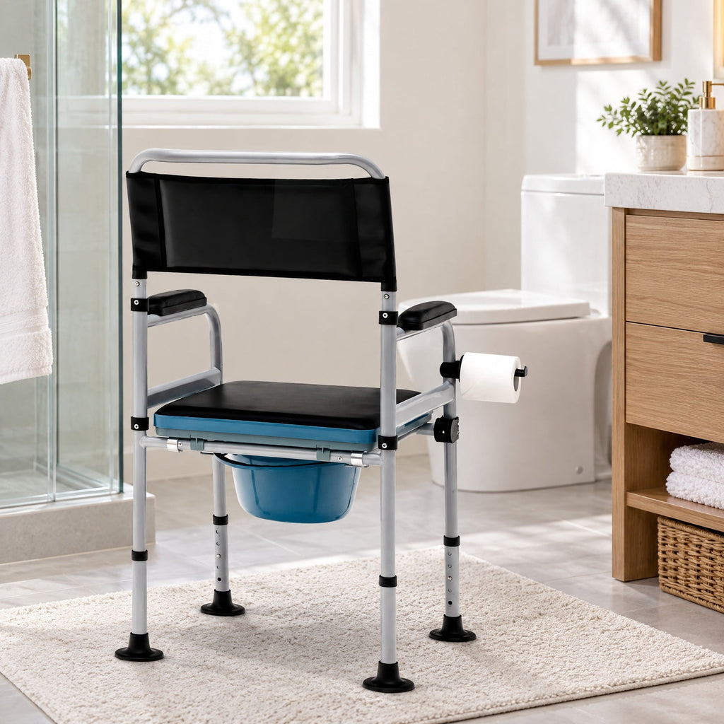 Airfind 4-in-1 Folding Bedside Commode Chair with Detachable Bucket and Towel Holder, 440 lbs Capacity, Carbonized Steel PVC Leather Frame, Silver