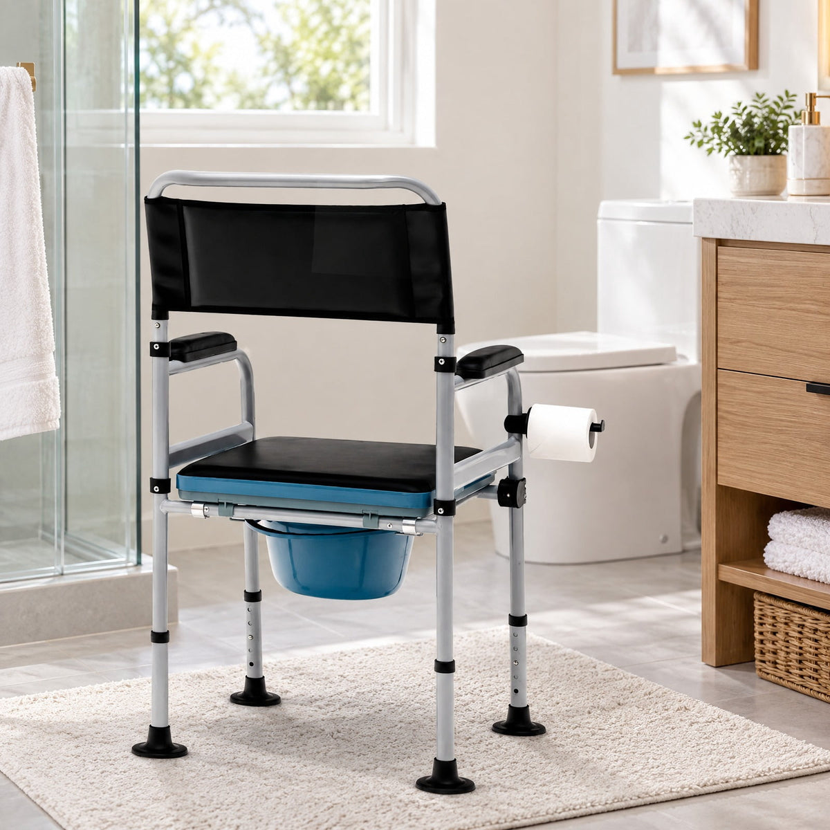 Airfind 4-in-1 Folding Bedside Commode Chair with Detachable Bucket and Towel Holder, 440 lbs Capacity, Carbonized Steel PVC Leather Frame, Silver