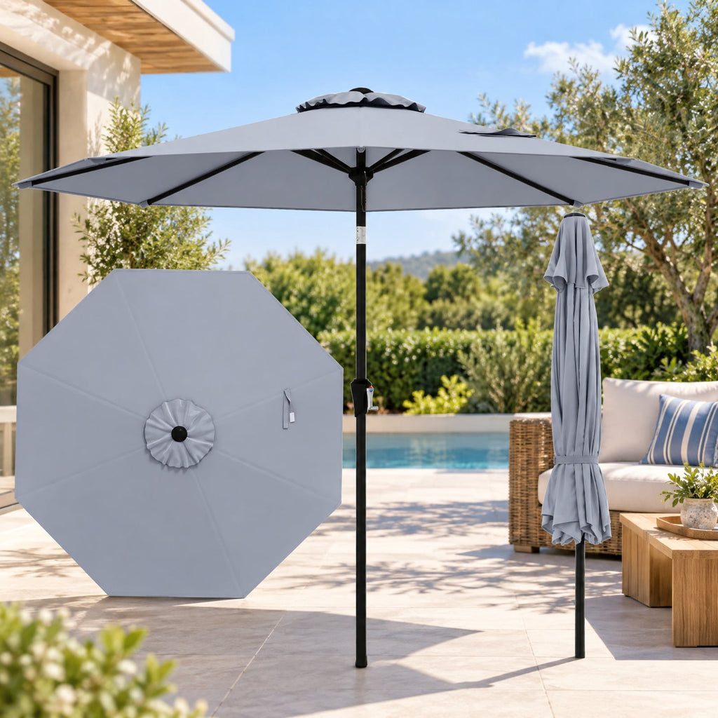 Airfind 9 FT Outdoor Market Patio Table Umbrella Push Button Tilt Crank Lift, Iron Polyester Fabric Frame, Gray