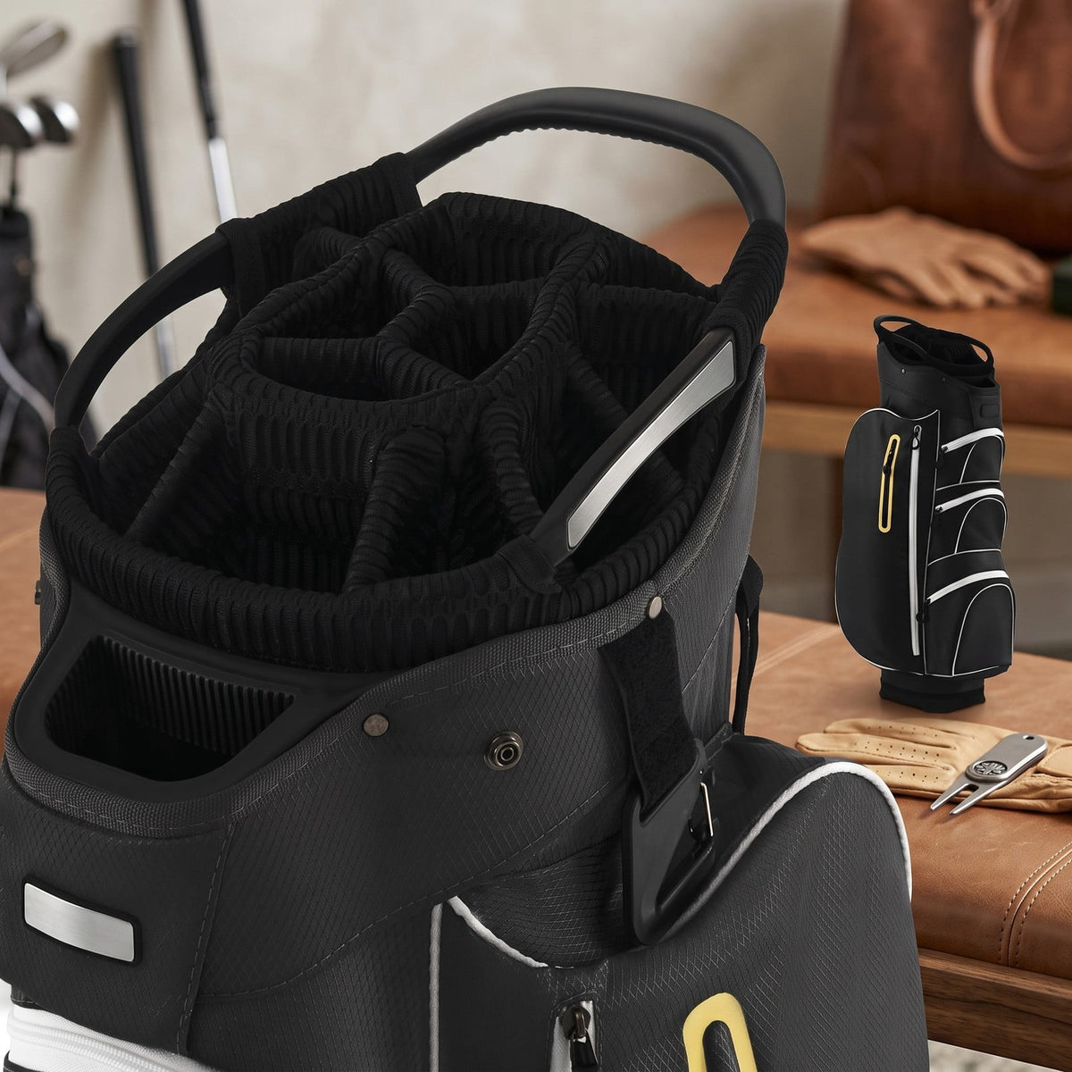 Airfind 9.5 Inch Lightweight Golf Cart Bag with 15 Way Top Dividers, 7 Zipper Pockets, Cooler Bag, Rain Hood, Shoulder Strap for Men Women, Black