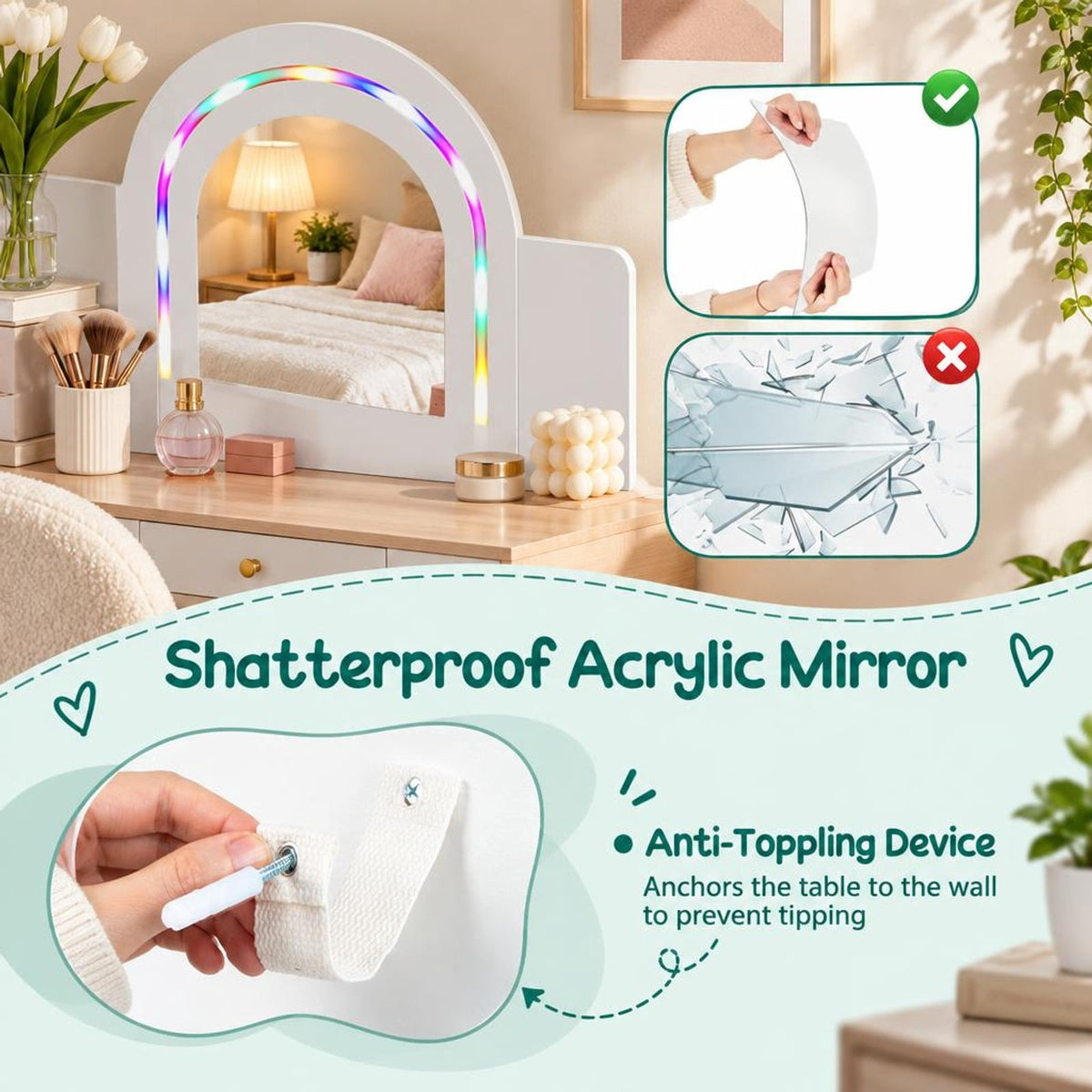 Airfind Kids Vanity Set with Colorful LED Lights Princess Makeup Dressing Table with Chair, 110 lbs Capacity, MDF Frame, 34in x 15.5in x 41in Footprint