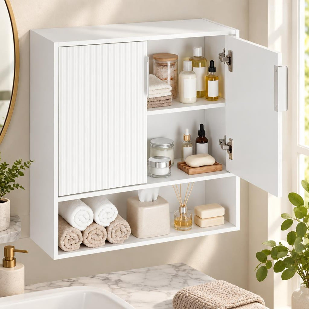 Airfind Bathroom Wall Cabinet with 2 Fluted Doors and Open Cube and Adjustable Shelf, 22 lbs Capacity, MDF Frame, 22.5in x 8in x 24in Footprint, White