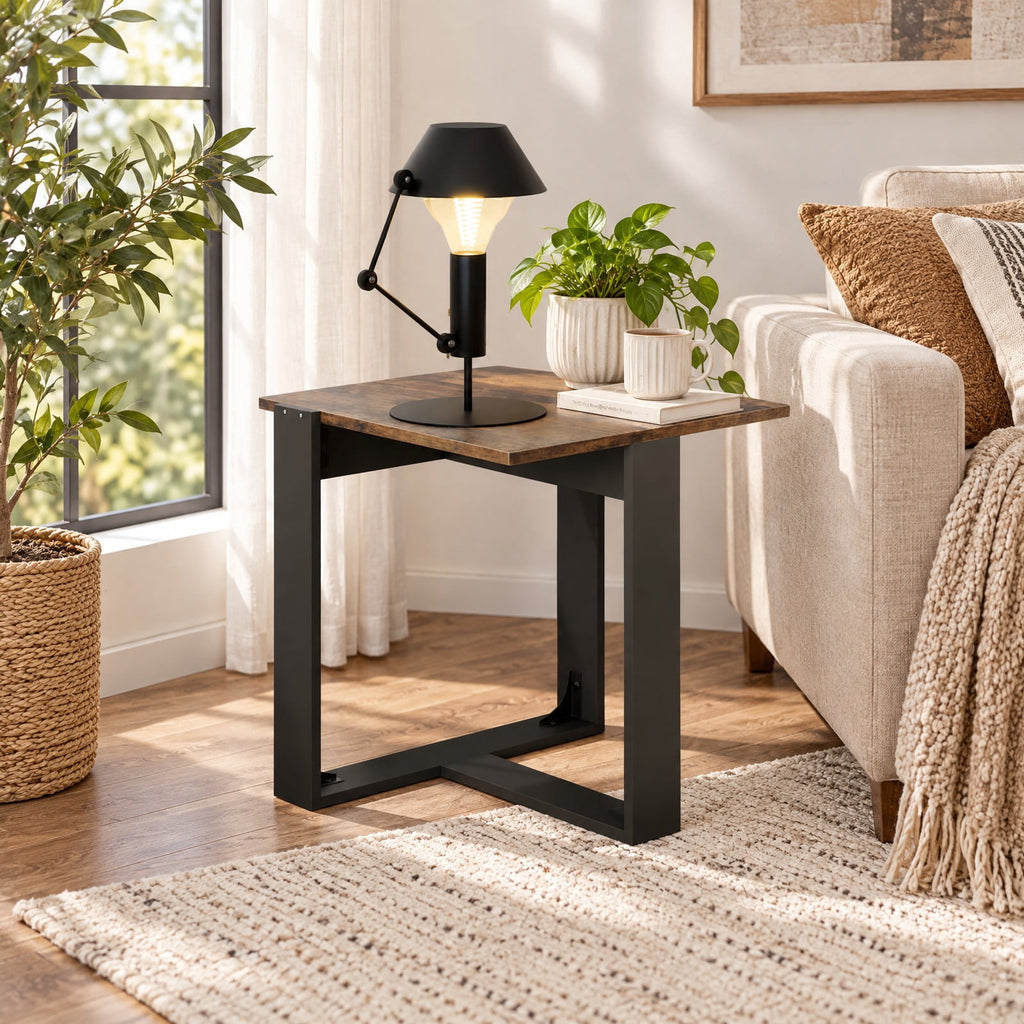 Airfind Industrial Sofa End Table with Metal Frame-1, 110 lbs Capacity, Engineered Wood Metal Frame, 20 x 20 x 20 Footprint, Rustic Brown Black