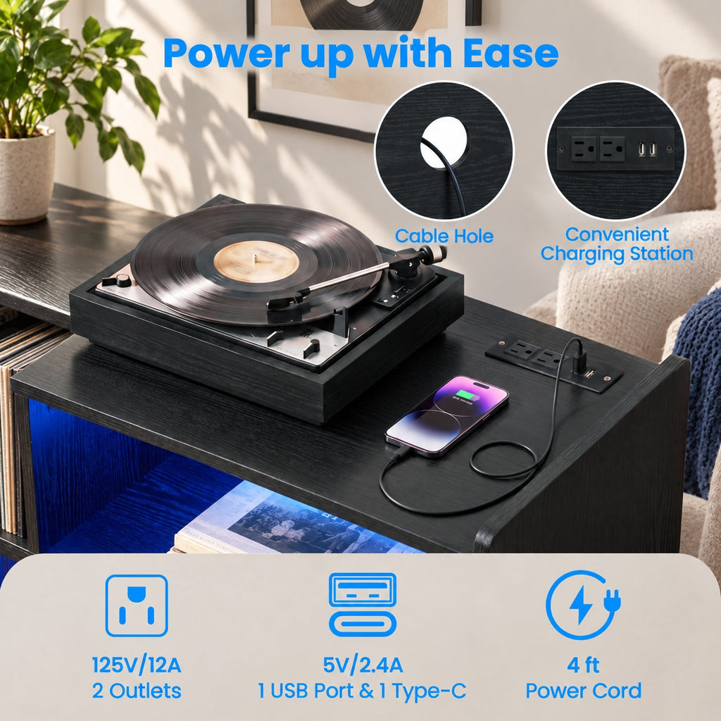 Airfind Record Player Stand with LED Light and Power Outlets, 66 lbs Capacity, PC board Plastic