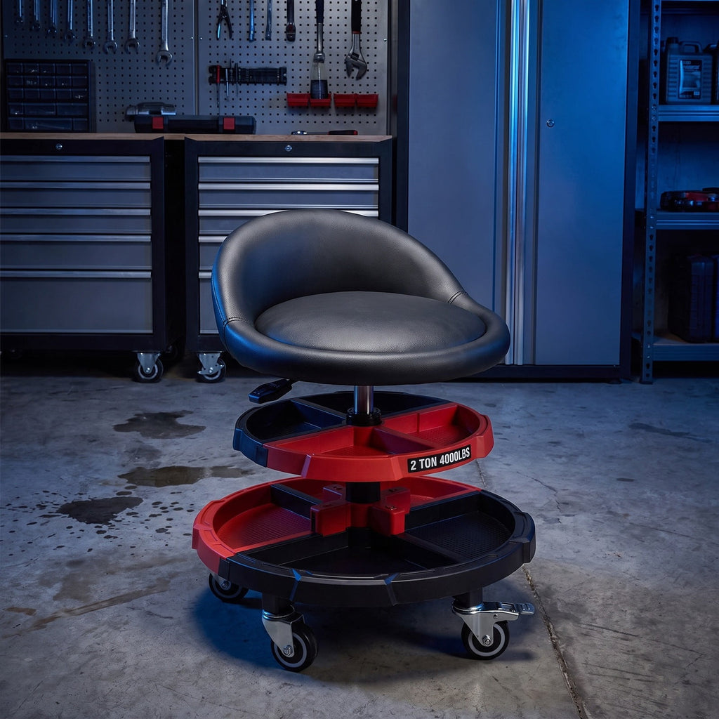 Airfind 360° Rolling Mechanic Stool with 2 Tool Storage Trays, 330 lbs Capacity, Metal Frame, 21 x 21 x 21.5-26.5 Footprint, Red