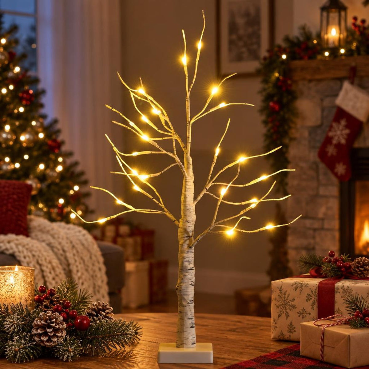 AIRFIND Artificial Birch Tree 2 ft with 24 Warm White LED Lights, Bendable Branches and Battery-Powered Base for Indoor Holiday Decor, White