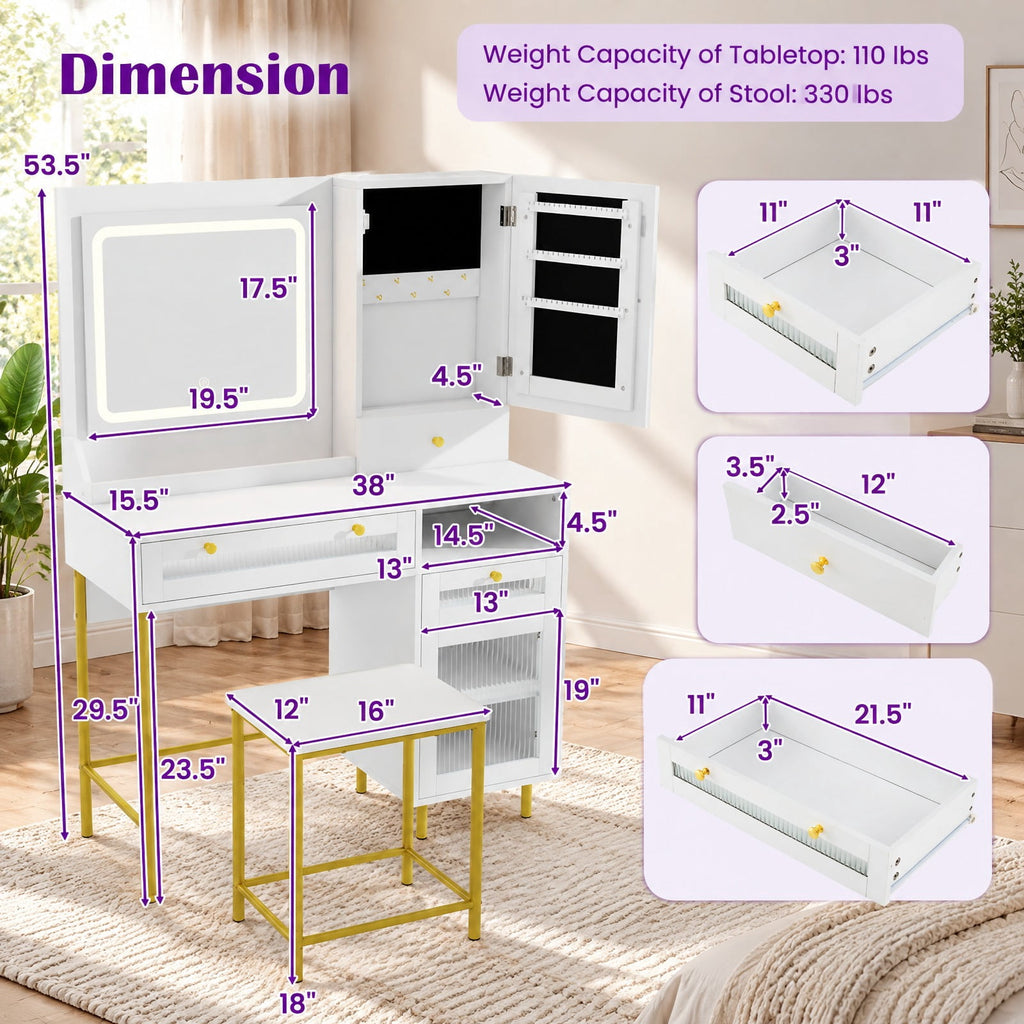 Airfind Modern Makeup Vanity Desk with Mirror and Lights and Stool Set, 110 lbs Capacity, Engineered Wood Frame, 38in x 15.5in x 53.5in Footprint
