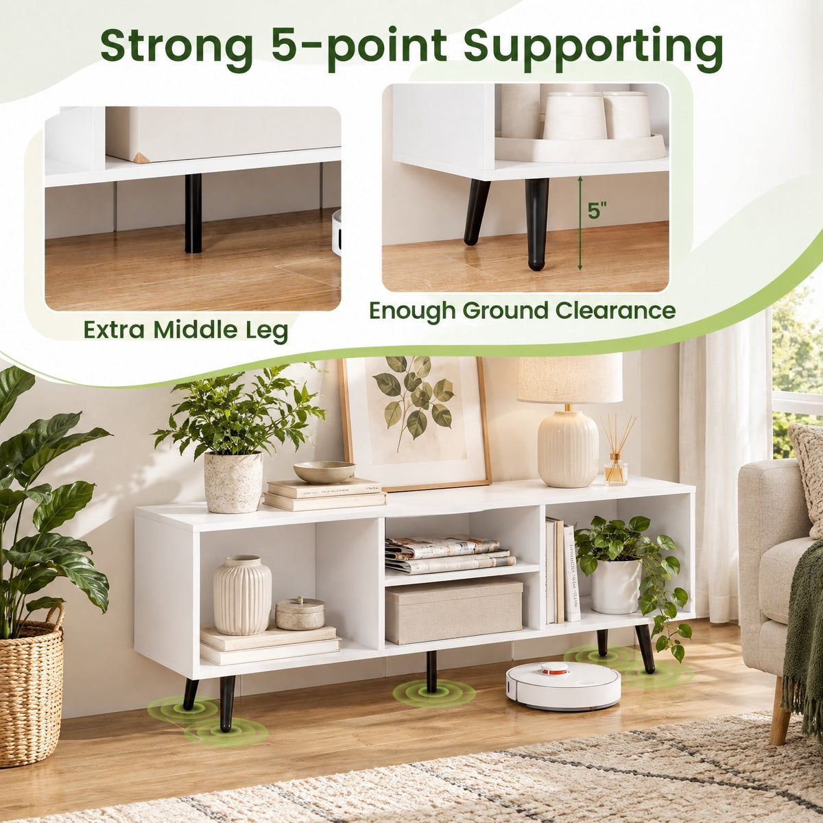 Airfind 47.5 Inches TV Stand for 55-Inch TV with Compartments and Metal Legs, 132 lbs Capacity, Engineered Wood MDF Metal Frame, White