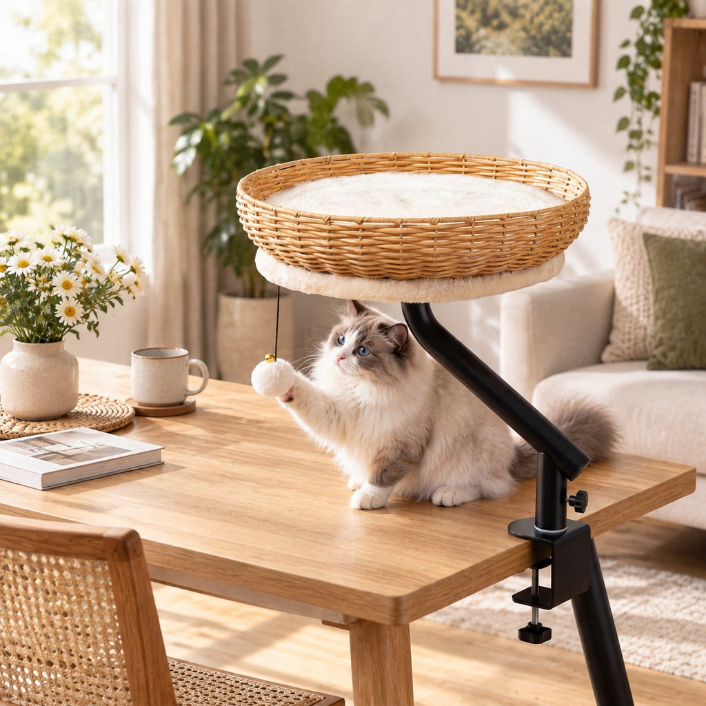 Airfind Cat Desk Bed with Removable Padded Cushion for Indoor Cats, 22 lbs Capacity, PE Rattan Metal MDF Plush Fabric Frame, Natural