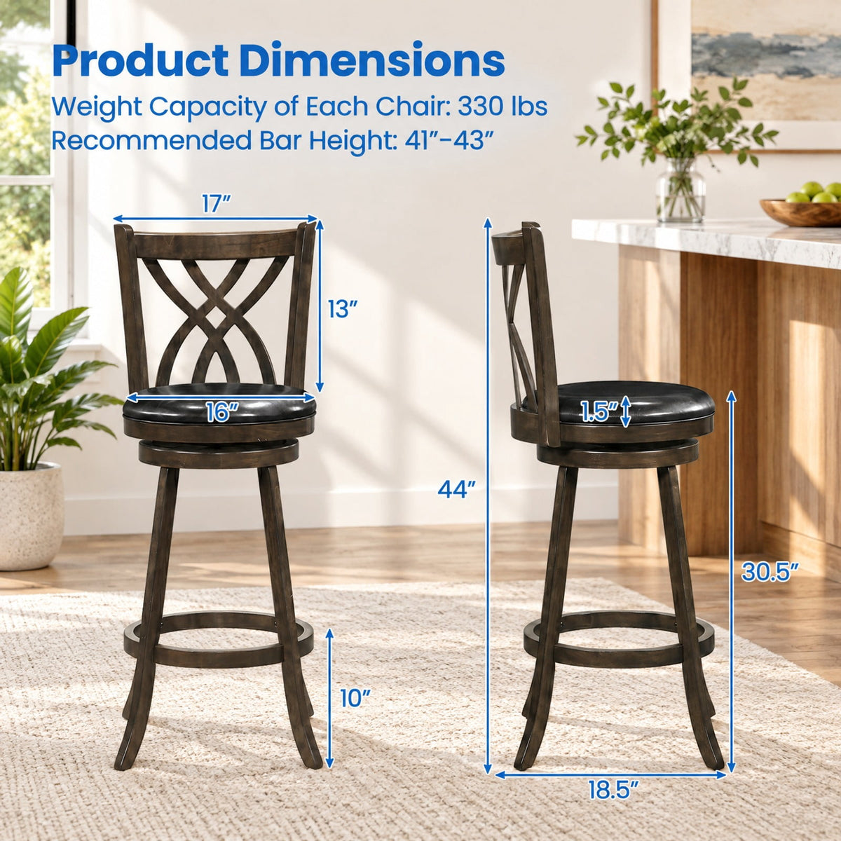 Airfind Set of 4 29 Inch Counter Height Bar Stools with Rubber Wood Frame, 330 lbs Capacity, Rubber Wood PU Sponge Metal Frame, Gray