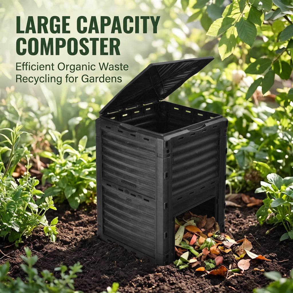 Airfind 80-Gallon Outdoor Composter with Large Openable Lid and Bottom Exit Door, PP Frame, 23.5 x 23 x 32 (L x W x H) Inner Footprint, Black