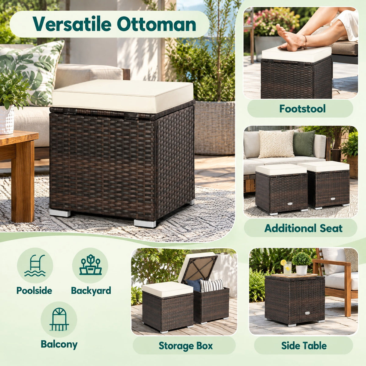 Airfind 2 Pieces Patio Ottoman with Removable Cushions, 350 lbs Capacity, Metal PE Rattan Sponge Polyester Frame, 16 x 16 x 15.5 Footprint, Brown