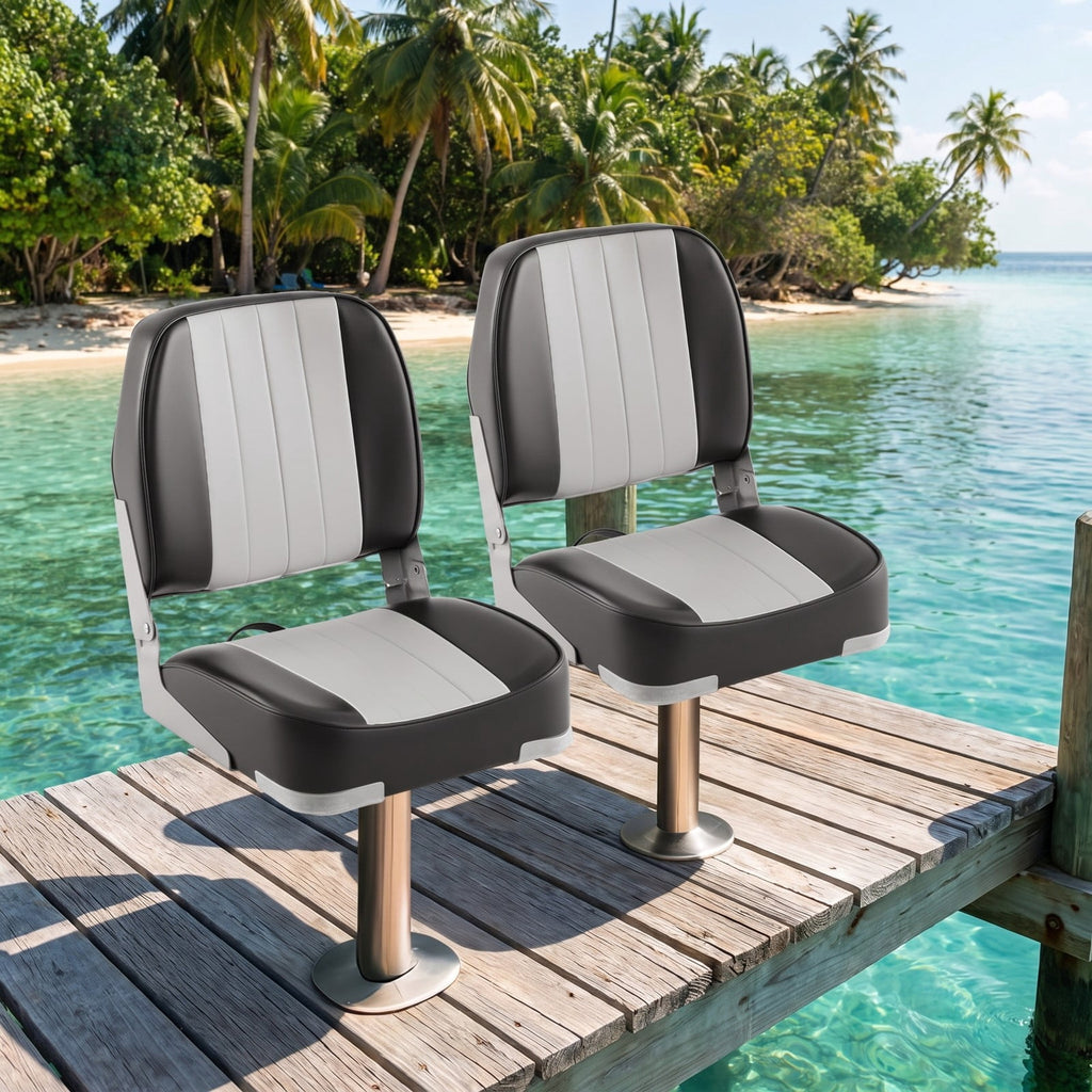 Airfind Folding Low Back Boat Seats 2 Pack with Thick Sponge Cushion and Aluminum Hinges for Cabin Seating and Fishing Boats, Gray and Black