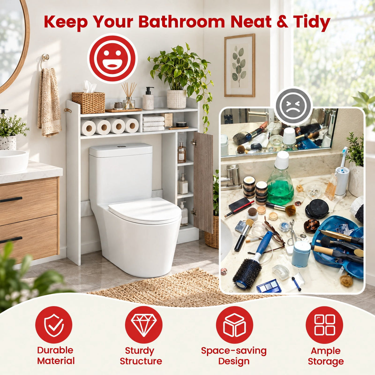Airfind Bathroom Over the Toilet Floor Storage Organizer with Adjustable Shelves, 100 lbs Capacity, MDF Engineered Wood Frame, White