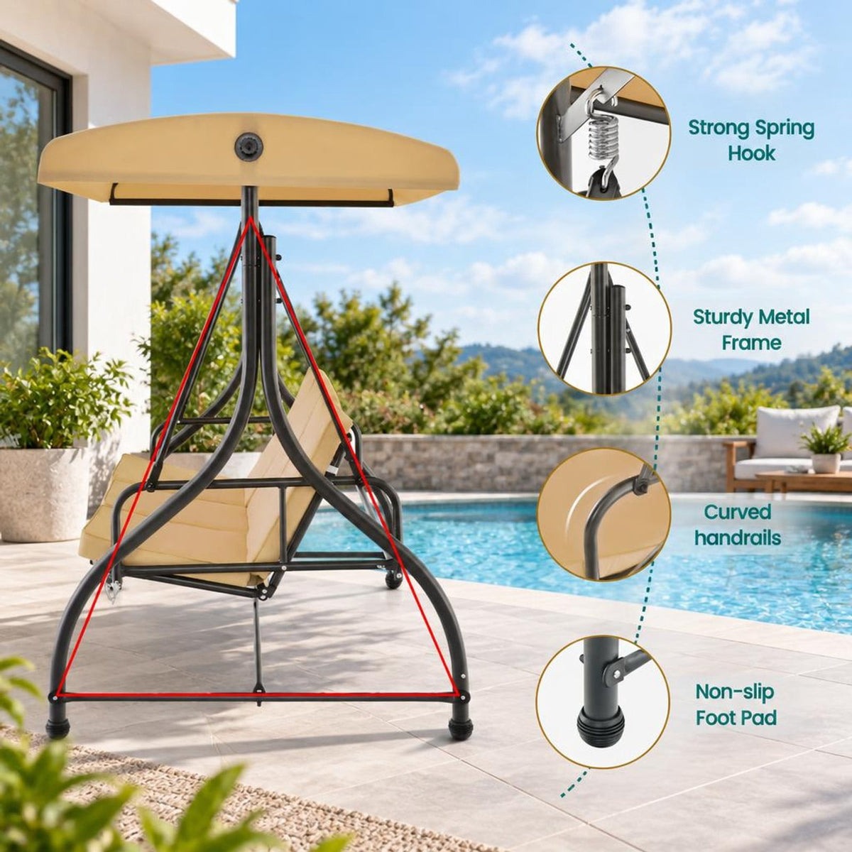 Airfind 3 Seat Outdoor Porch Swing with Adjustable Canopy, Metal Polyester Cotton Seat Height: 20 Frame, Beige