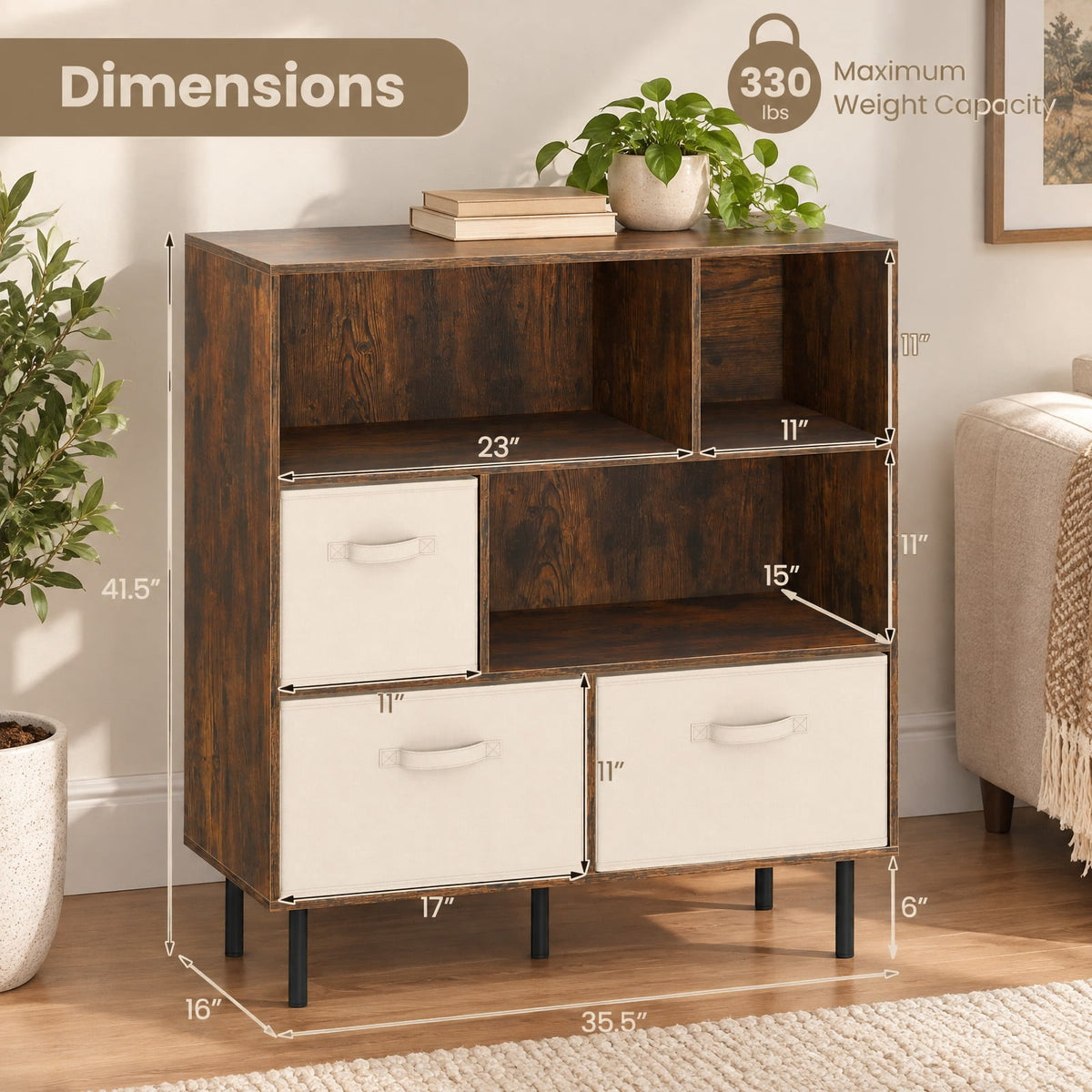 Airfind 6-Cube Bookshelf with 3 Removable Folding Fabric Drawers for Living Room, 330 lbs Capacity, Metal Engineered Wood Frame, Brown