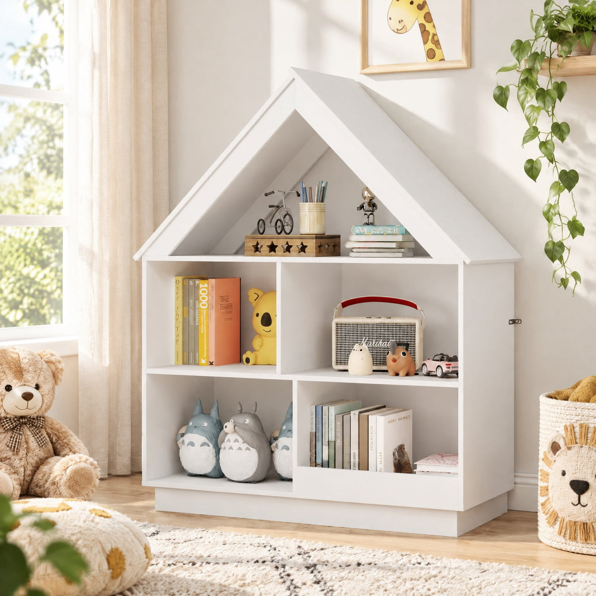 Airfind 3-Tier House-Shaped Toy Storage Organizer with Open Shelves, 240 lbs Capacity, MDF Engineered Wood Frame, 34.5 x 13.5 x 42.5 Footprint
