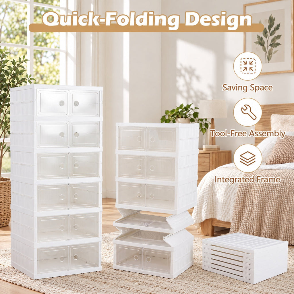 Airfind 6-Tier Shoe Organizer with Clear Doors and Portable Design for 12 Pairs, PP Frame, 17.5in x 13.5in x 42.5in Footprint, White