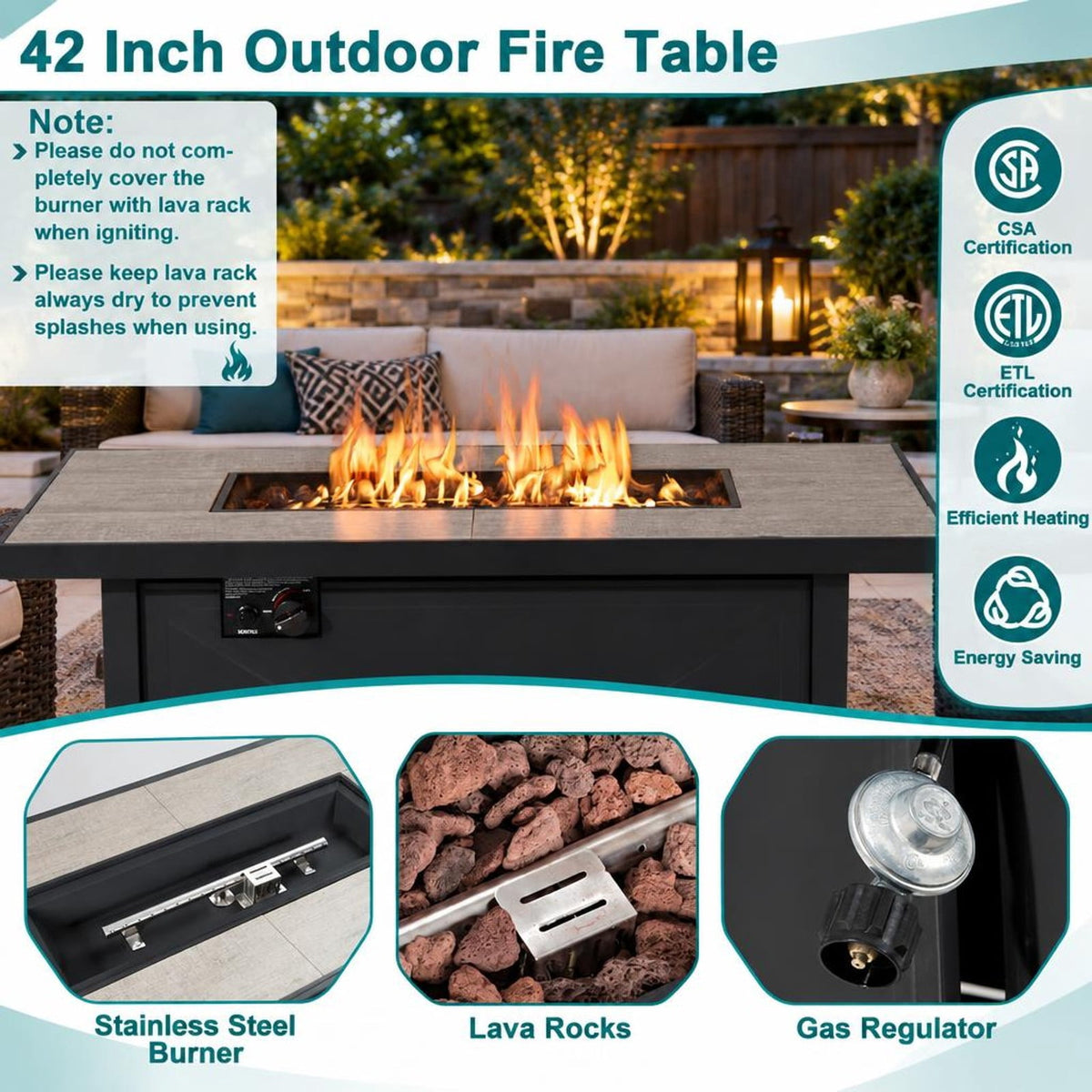 Airfind 42 Inch 60000 BTU Propane Fire Pit Table with Ceramic Tabletop, Steel Frame, 42 x 20 x 25 Footprint, Black