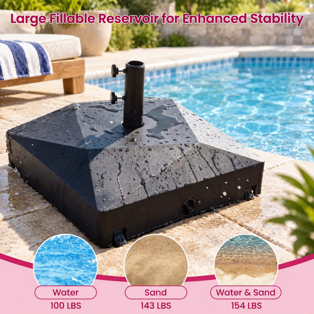 Airfind 154lbs Mobile Fillable Patio Umbrella Base with 4 Wheels, HDPE Metal Frame, 21.5 x 21.5 x 15 Base Footprint, Black