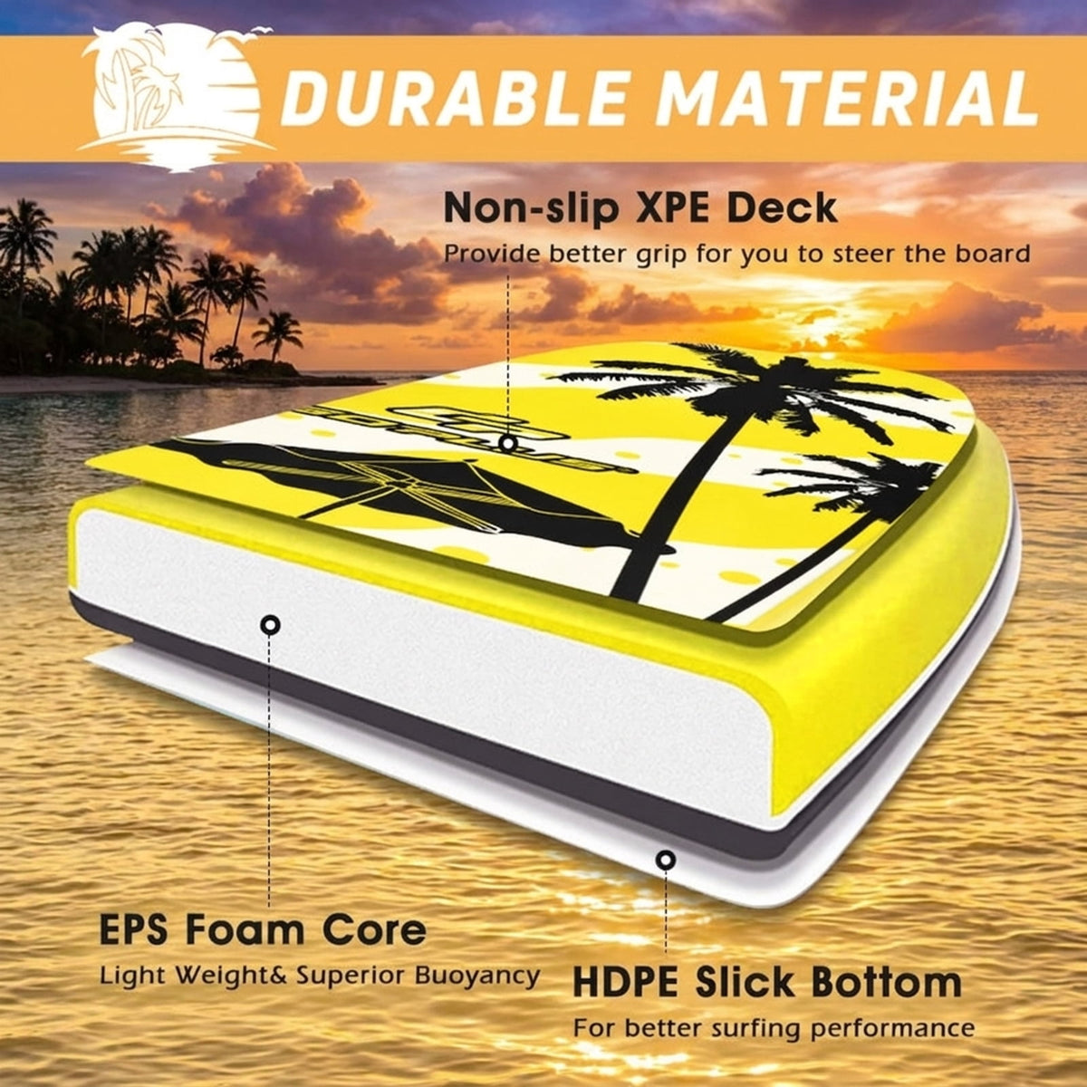 Airfind 41 Inch Yellow Surfing Bodyboard for Adults ¡ª XPE Deck, EPS Core, HDPE Slick Bottom, Crescent Tail, Wrist Leash Included