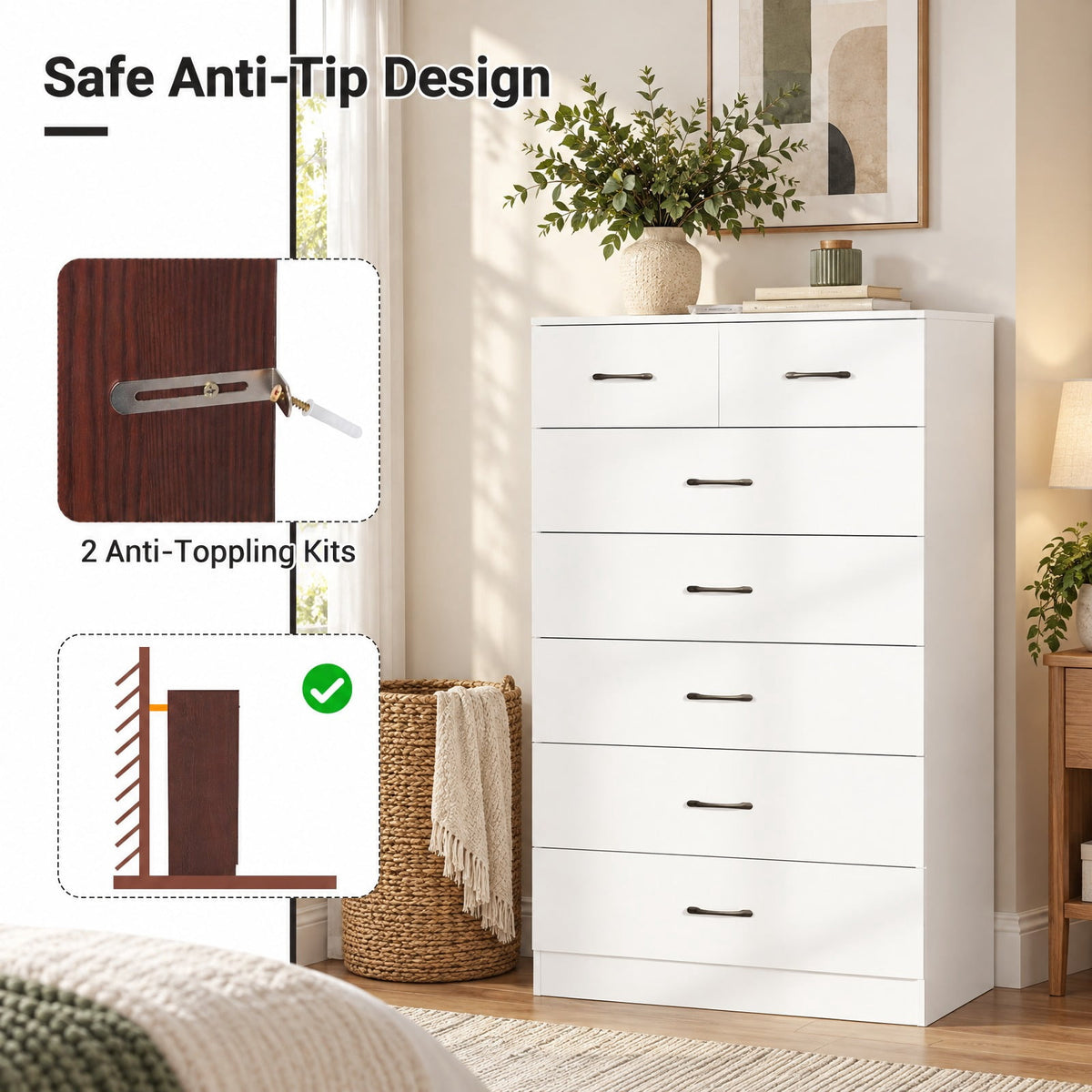 Airfind 7-Drawer Tall Dresser with Metal Handles and Anti-Tipping Kits, 66 lbs Capacity, Engineered Wood MDF Frame, 32 x 18 x 48 Footprint, White