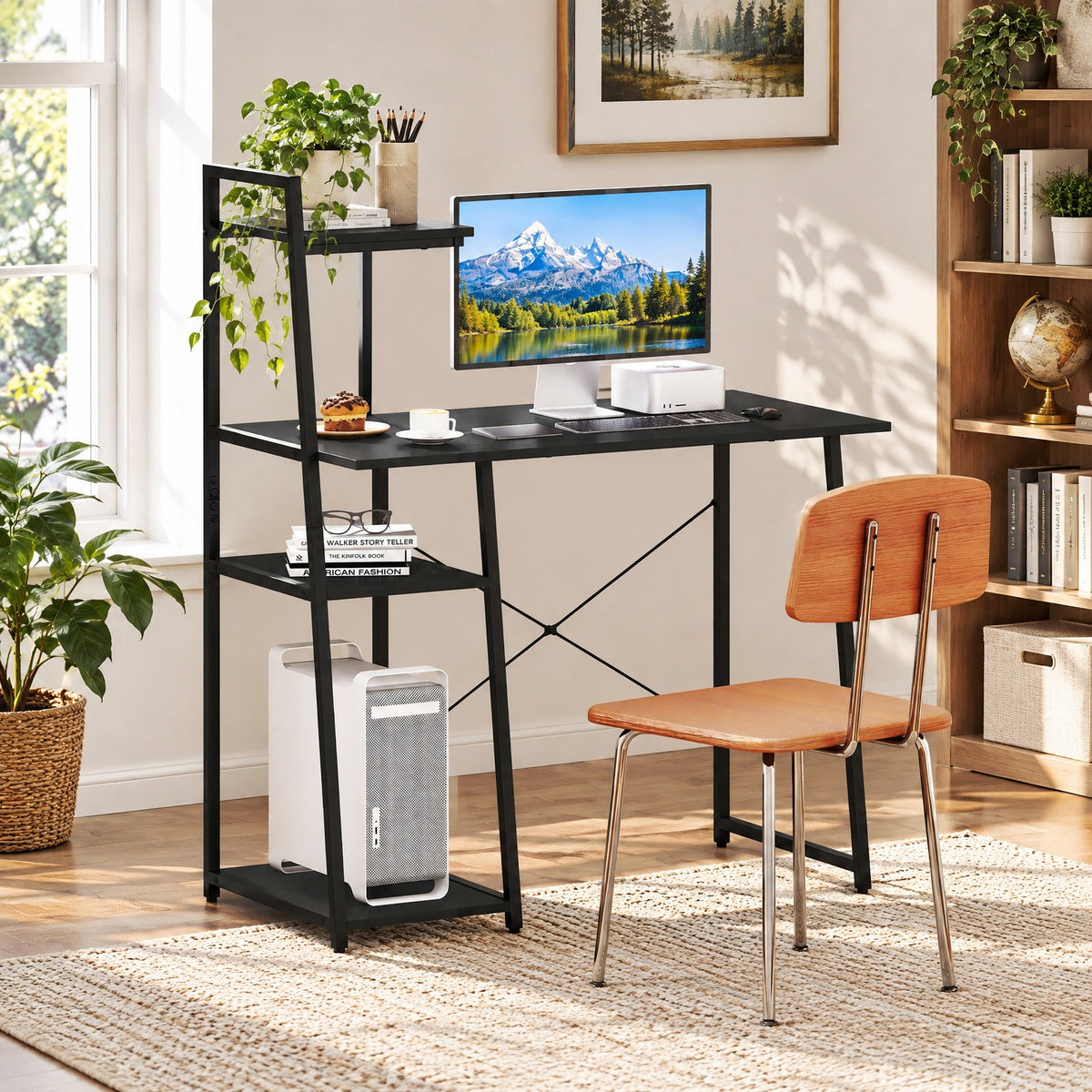 Airfind Computer Desk with Shelves and 3-Tier Storage Bookshelf, Metal Engineered Wood Frame, 39.5 x 20 x 47.5 Footprint, Black