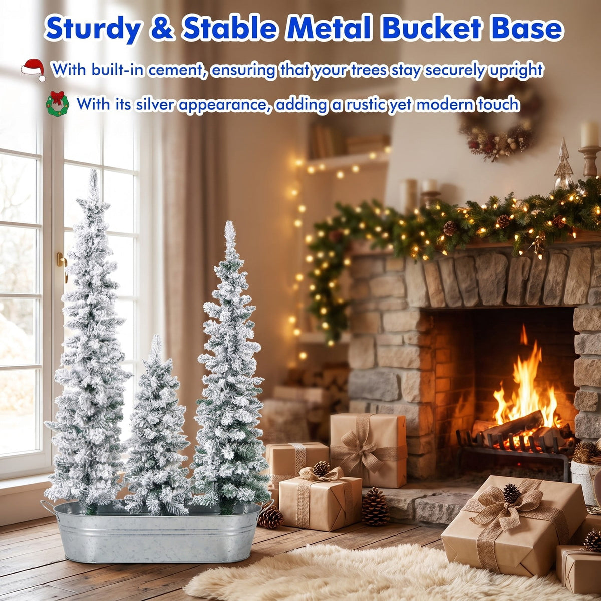 Airfind Set of 3 Potted Artificial Christmas Tree Snow, PVC Metal Flocking Tree Height 3/4/5 ft Tree Width 1 ft Frame, Green+Silver