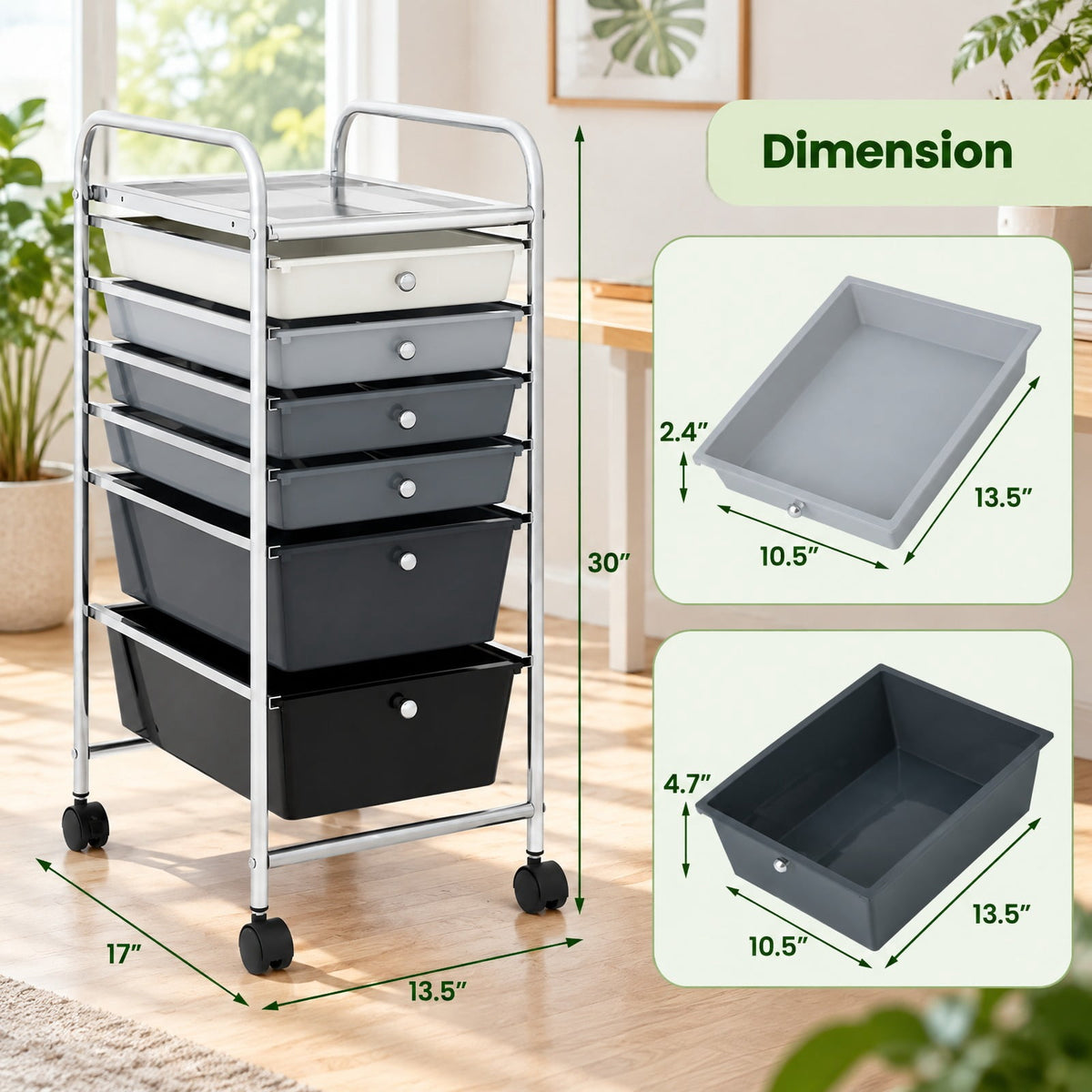 Airfind 6 Drawers Rolling Storage Cart Organizer, Steel Frame, 17 x 13.5 x 30 Footprint, Black, Perfect for any room where space is limited