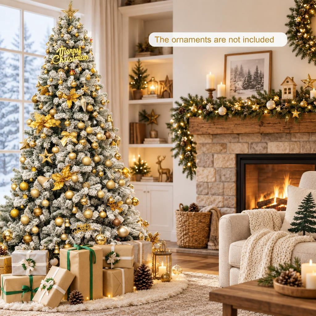 Airfind Snow-flocked Artificial Christmas Tree 9 Ft featuring Hinged PVC Branches and Metal Stand for Indoor Holiday Decor, White