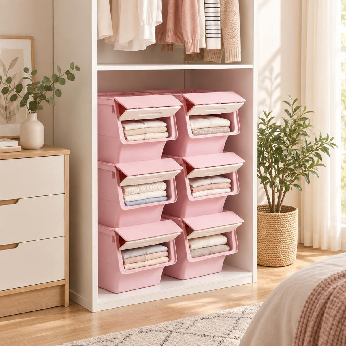 Airfind 3 Pieces Storage Bins on Wheels Stackable Plastic Boxes with Stay-Open Lid (S), 13 lbs Capacity, PP Frame, Pink