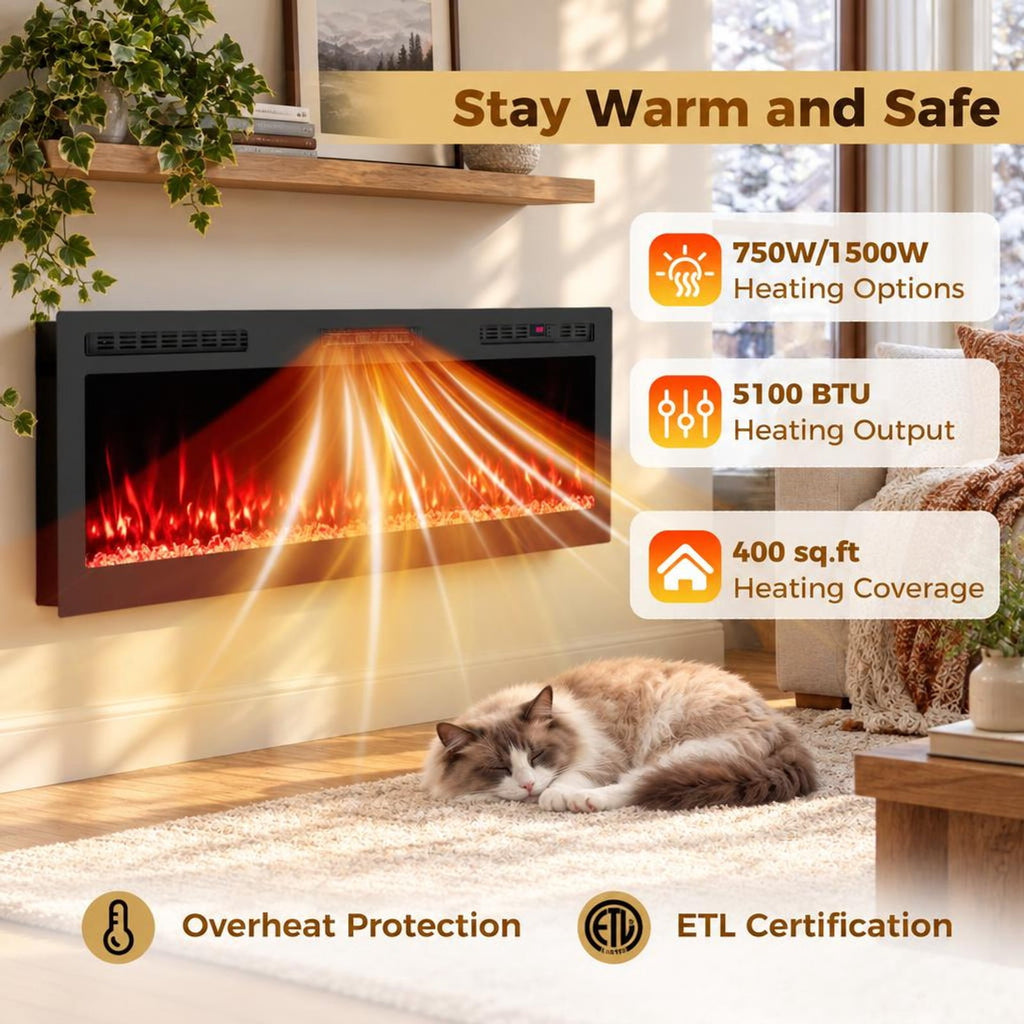 Airfind Smart WiFi Electric Fireplace Wall Mounted and Recessed 750W/1500W Heater-60 Inch, Black, Power Cord 5 ft Net Weight-36in 29.5 lbs