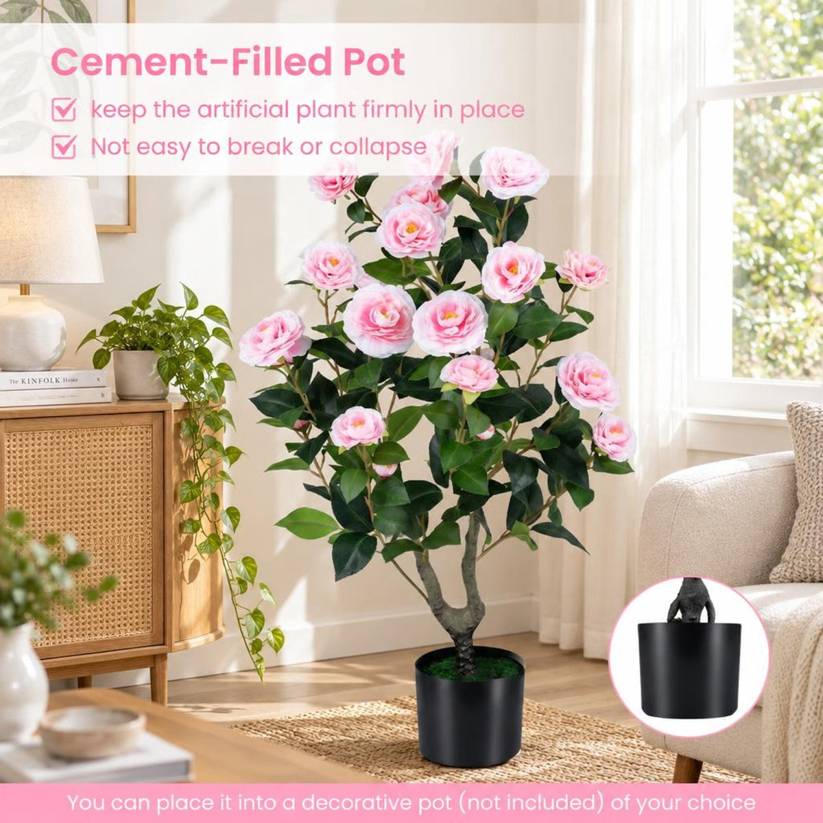 Airfind Artificial Camellia Tree Faux Flower Plant in Cement-Filled Pot, PE PP Cement Overall Height 35.5 Flower Pot Height 5 Flower Pot Frame