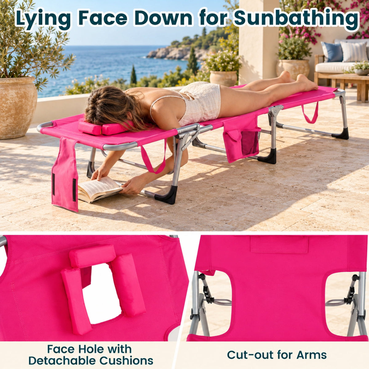 Airfind Set of 2 Tanning Chair Portable Chaise Lounge Chair with 4-Position Adjustable Backrest, 330 lbs Capacity, Pink